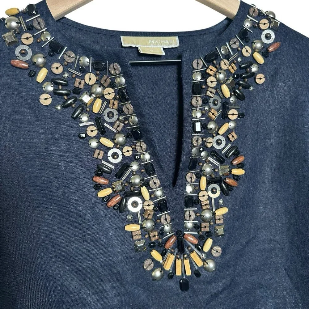 Michael Kors Small Navy 100% Linen Tunic Shirt Embellished Top 3/4 Sleeve Office - Picture 6 of 10